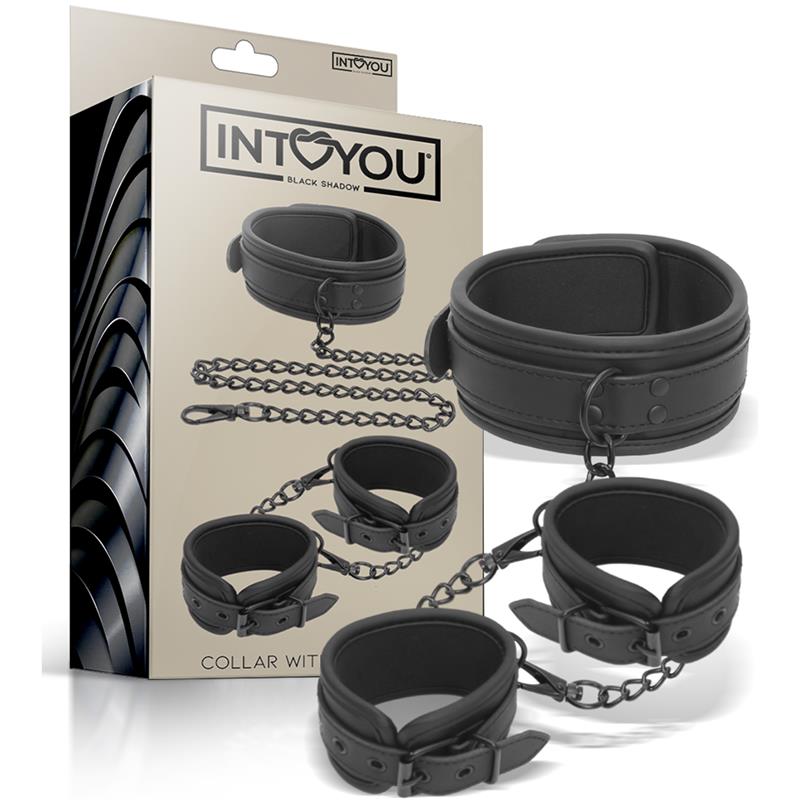 CONJUNTO DE COLEIRA E ALGEMAS DE COURO VEGANO INTOYOU BLACK SHADOW
