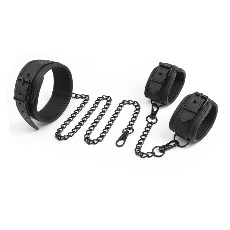 CONJUNTO DE COLEIRA E ALGEMAS DE COURO VEGANO INTOYOU BLACK SHADOW