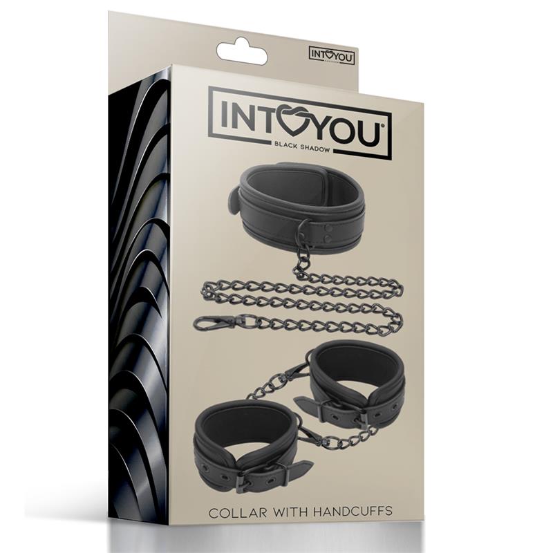 CONJUNTO DE COLEIRA E ALGEMAS DE COURO VEGANO INTOYOU BLACK SHADOW