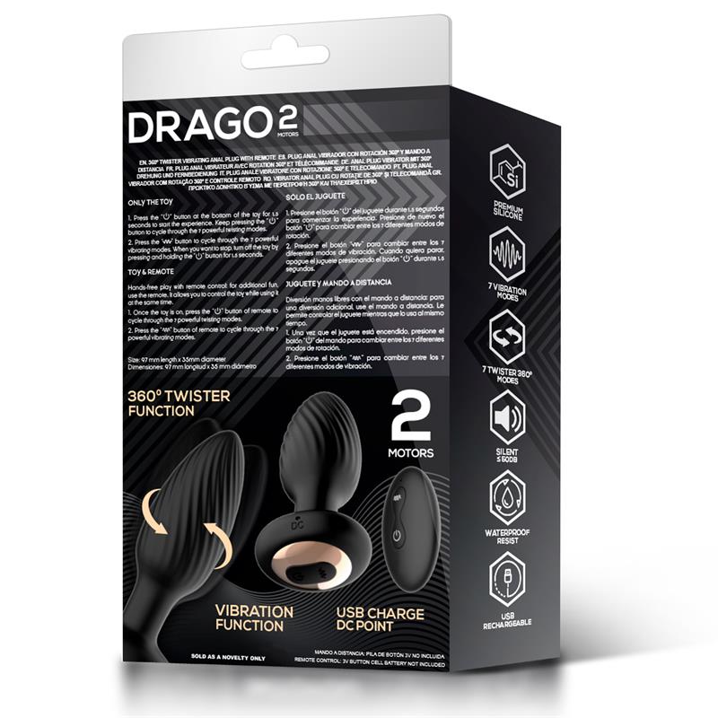 INTOYOU DRAGO ANAL PLUG VIBRAÇÃO, MOVIMENTO TWISTER 360º E CONTROLE REMOTO