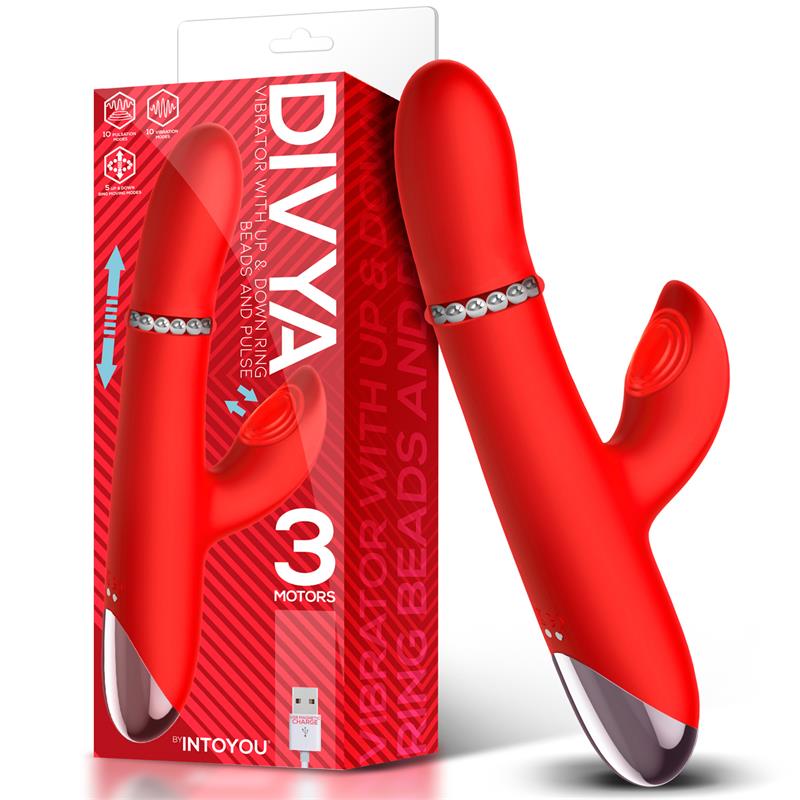 VIBRADOR INTOYOU DIVYA COM ANEL DE BOLA INTERNO PARA CIMA E PARA BAIXO E PULSAÇÃO 3 MOTORES USB INDEPENDENTES